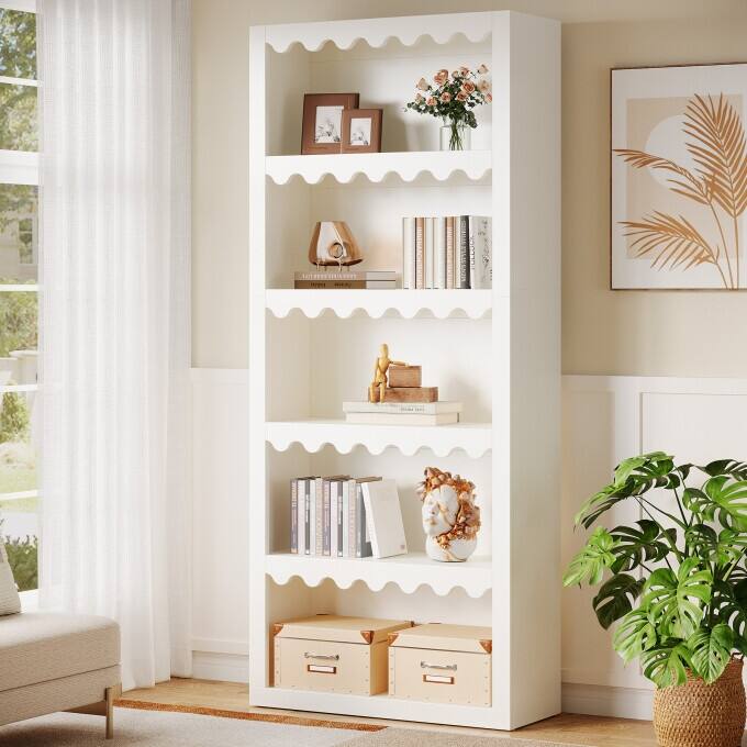 70.86" Modern White Bookshelf, 5-Tier Tall Wooden Bookcase - White