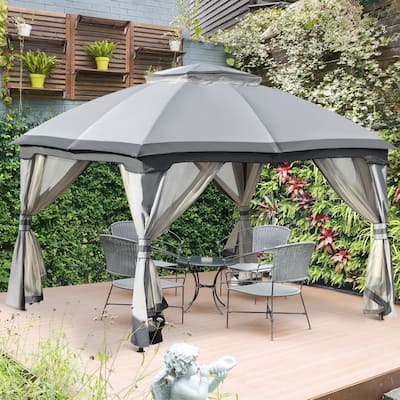 Outsunny 12' x 10' 2-Level Outdoor Gazebo Tent with Zippered Mesh Sidewalls, Solid Steel Frame, Arched Roof