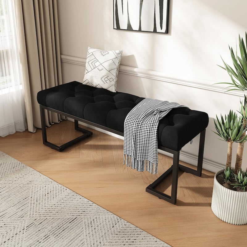 Button Tufted Ottoman Bench - Black & Bronze - Modern Design - Black