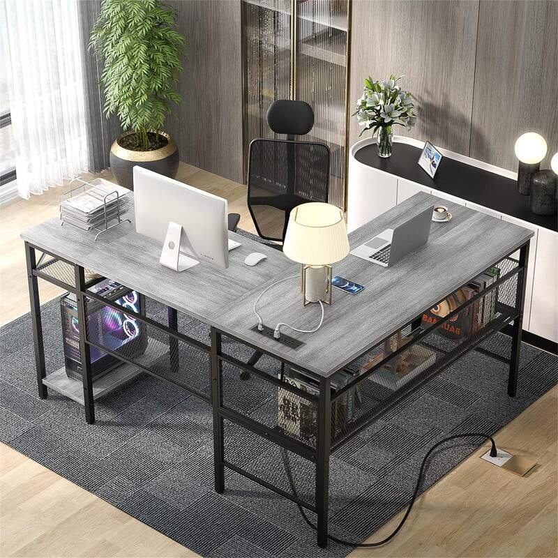 L Shaped Desk with USB Charging Port and Power Outlet