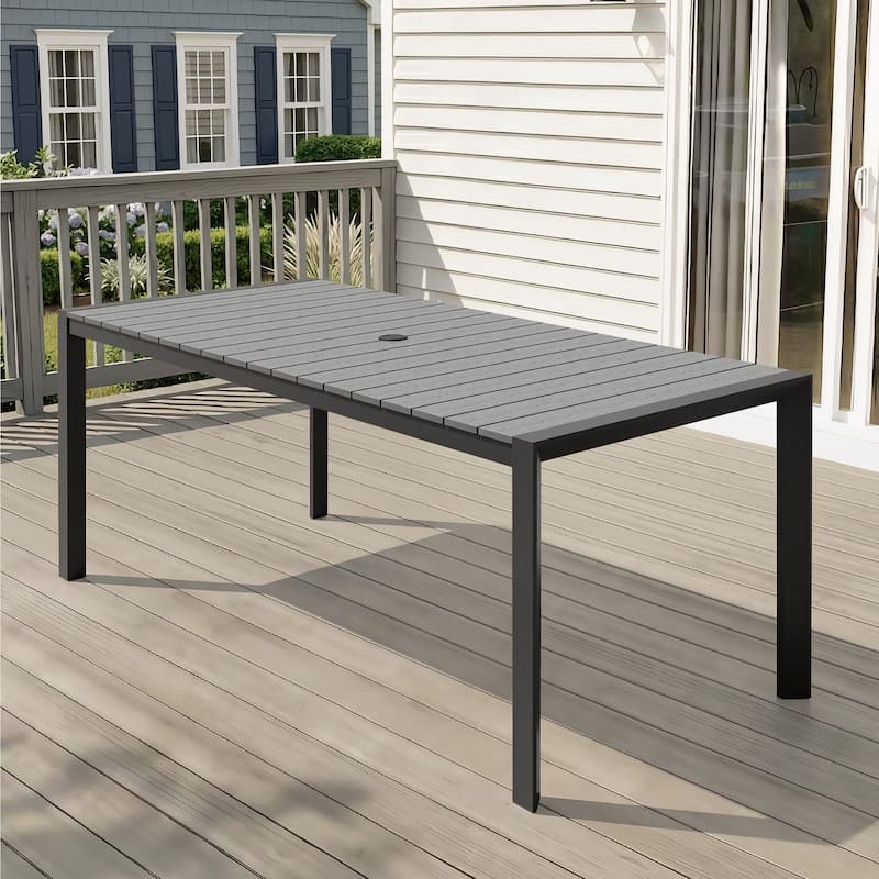 Outdoor All-Weather Aluminum Patio Rectangular Dining Table with Umbrella Hole - Grey - 71.42 inches long