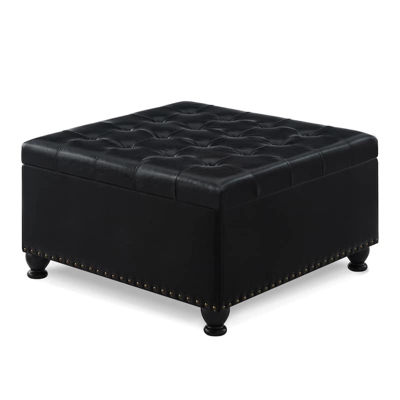 30" Faux Leather Storage Ottoman with Nail Trims & Wooden Legs - Multi-Use