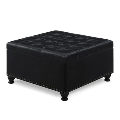 PU Leather Square Storage Ottoman, Upholstered Button Tufted Footstool with Nail Trims, Coffee Table with Spindle Wooden Legs
