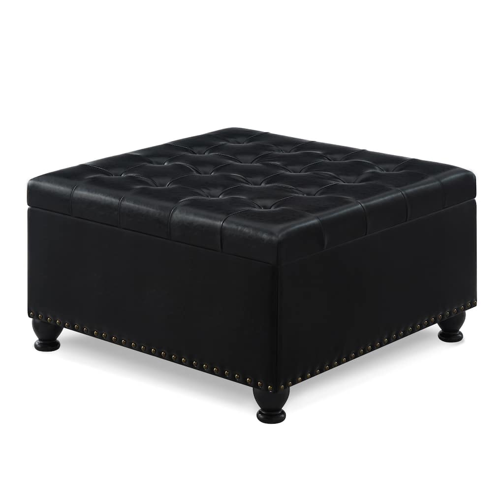 PU Leather Square Storage Ottoman, Upholstered Button Tufted Footstool with Nail Trims, Coffee Table with Spindle Wooden Legs