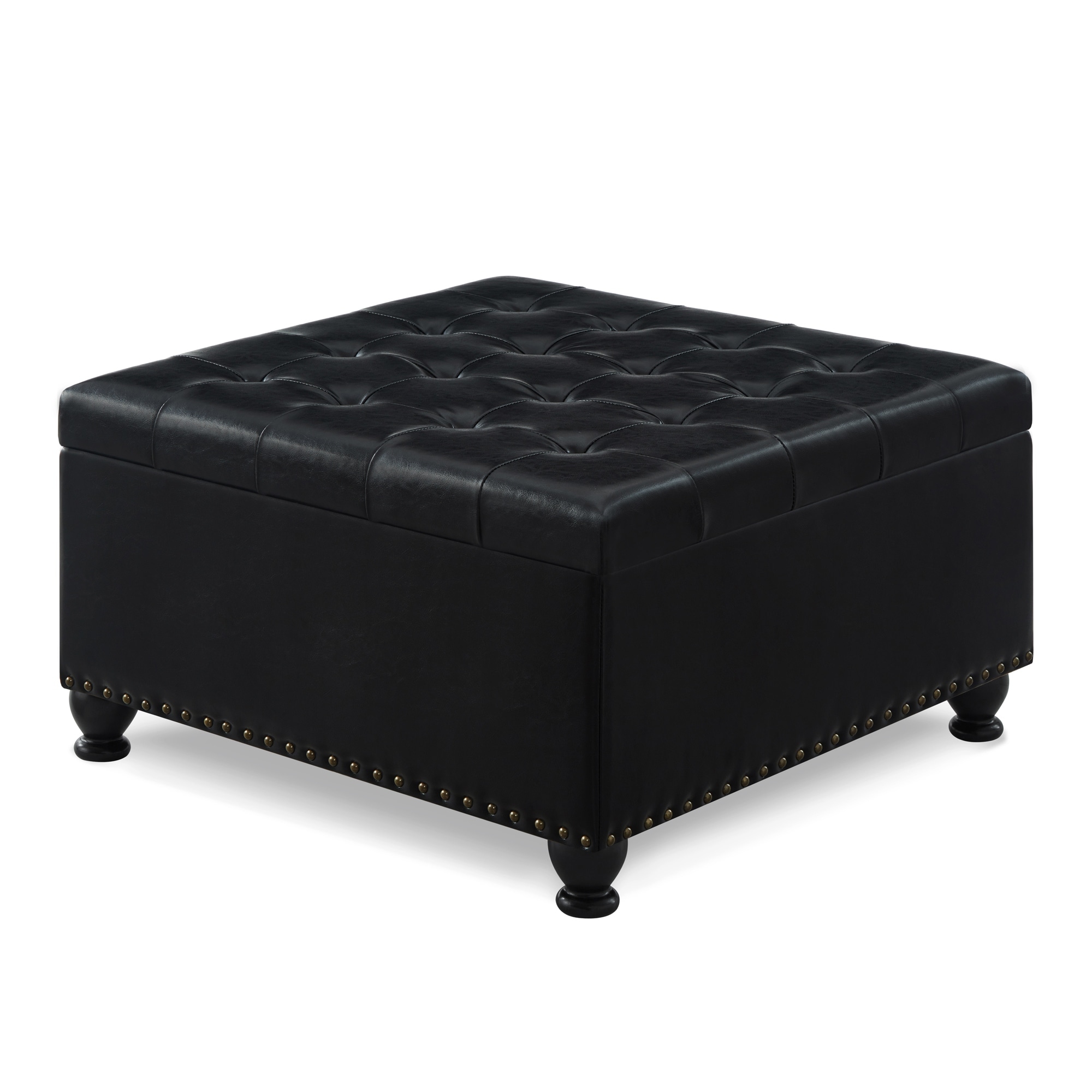 PU Leather Square Storage Ottoman, Upholstered Button Tufted Footstool with Nail Trims, Coffee Table with Spindle Wooden Legs