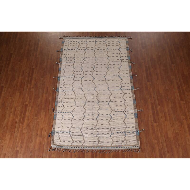 Ivory Striped Moroccan Oriental Area Rug Hand-Knotted Wool Carpet - 6'0"x 9'10"