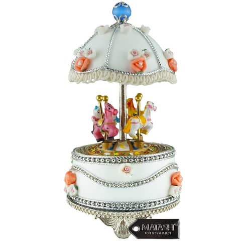 Matashi Carousel Faberge Egg Music Box, Plays Swan Lake, Adorned with Flowers and Silver Accents w/ Brilliant Crystals