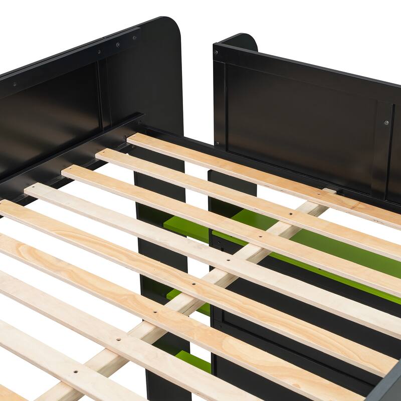 Full Size Wood Bunk Bed with height-adjustable Desk,Wardrobe,Ample Storage Space,and RGB Light