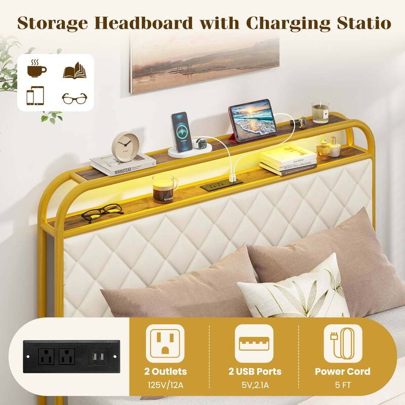 Costway Twin/Full/Queen Size Bed Frame with LED Lights & Charging