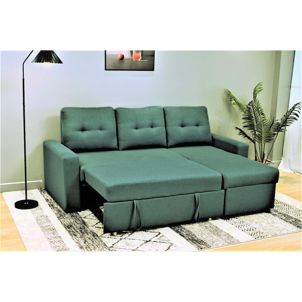 Convertible L-Shaped Sleeper Sofa, Teal Polyester, 80x59x36 inches, Space-Saving for Small Spaces