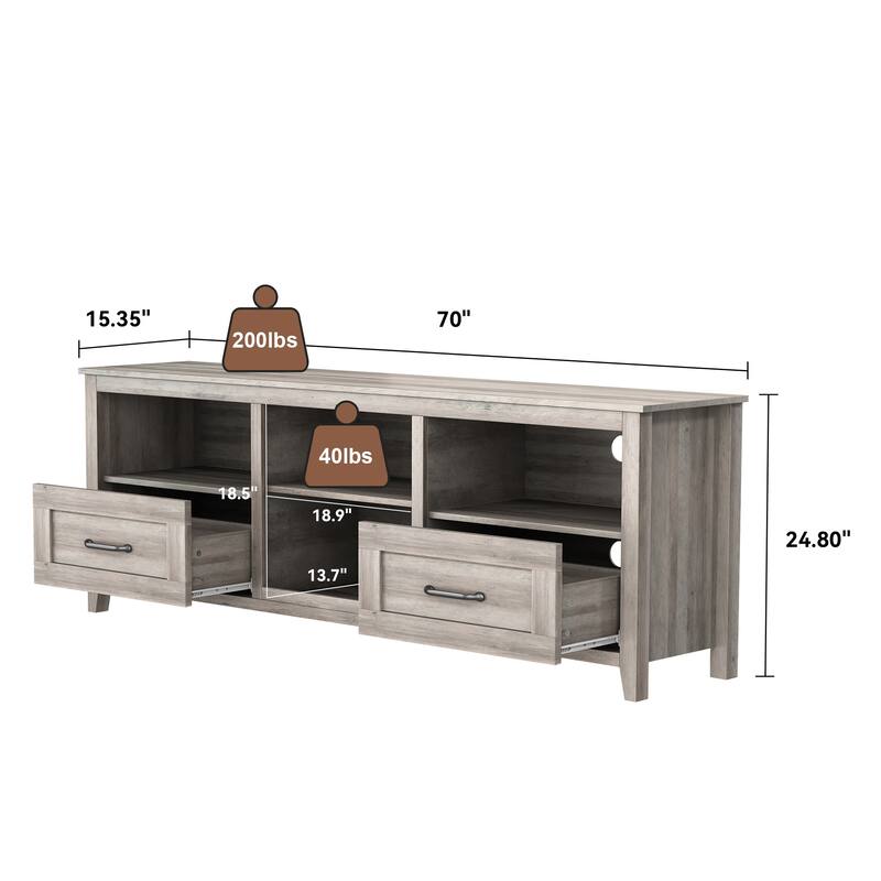 Contemporary TV Stand with 4 Open Storage Compartments and 2 Drawers, Fits 60 TVs, 70 W.