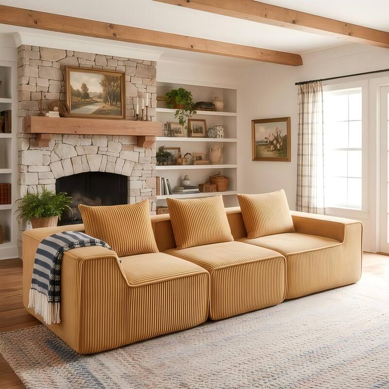 Modular Sectional Sofa with Pillows, Corduroy Upholstered 3-Seater Sofa, All-Compressed Foam Sofa for Living Room, Apartment - Orange
