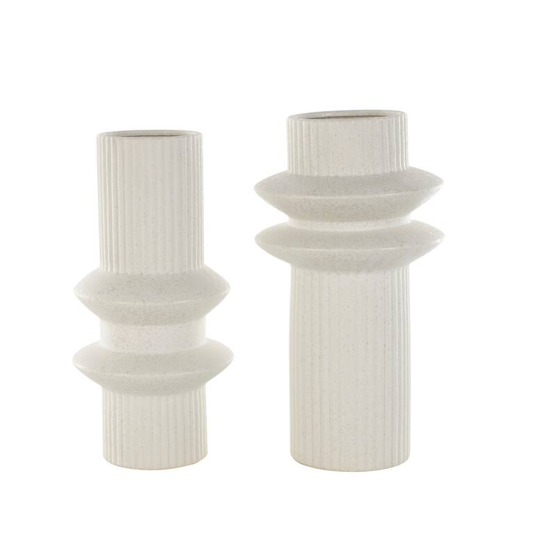 White Ceramic Ribbed Abstract Decorative Vase with Speckled Texturing (Set of 2)