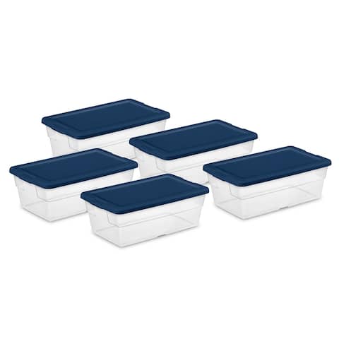Sterilite Stackable 6 Qt Storage Box Container, Clear, Marine Blue Lid, 5 Pack
