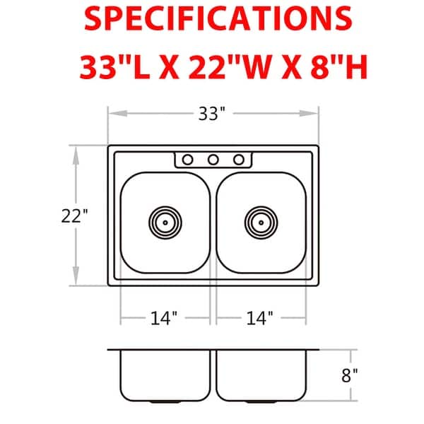 33'' x 22'' PRO Classic Drop in Double Bowl Kitchen Sink,Top Mount 50/50 Stainless Steel Kitchen Sink with Three Faucet Hole