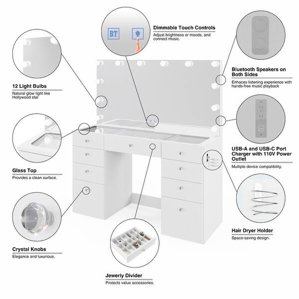 Boahaus Leonore Vanity Desk: Light Bulbs, USB Outlet, 9 Drawers, Glass Top, Hollywood Mirror, White