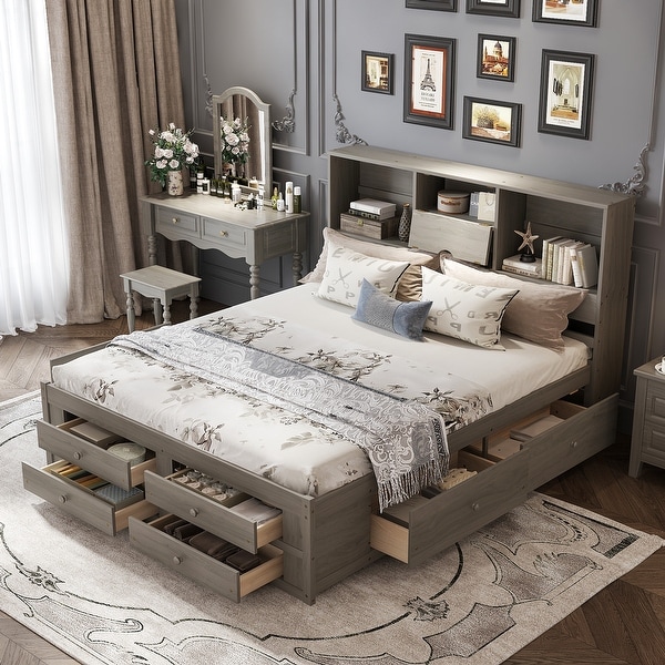 King Size Platform Bed with 8 Drawers Solid Wood Bed Frame w Bookcase Headboard Wood Slats Support No Box Spring Needed Grey Bed Bath Beyond 41437595