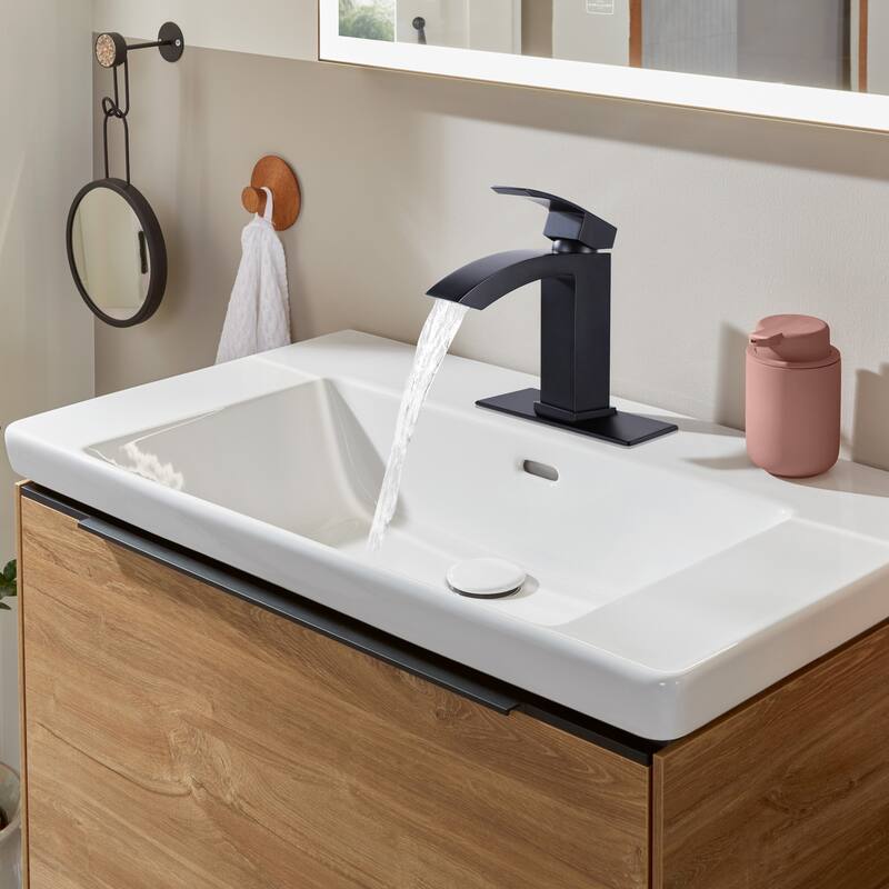 Modland Waterfall Bathroom Faucet Single Hole, CEC/CUPC Certified, with Cover Plate (Brushed Gold/Matte Black)