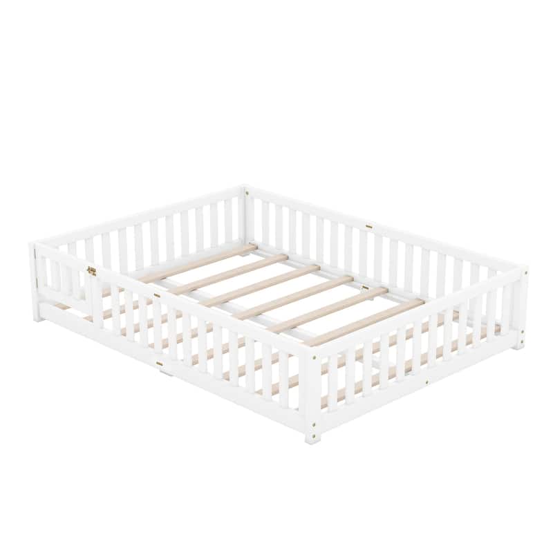 Queen Size Bed Floor Bed with Safety Guardrails and Door for Kids
