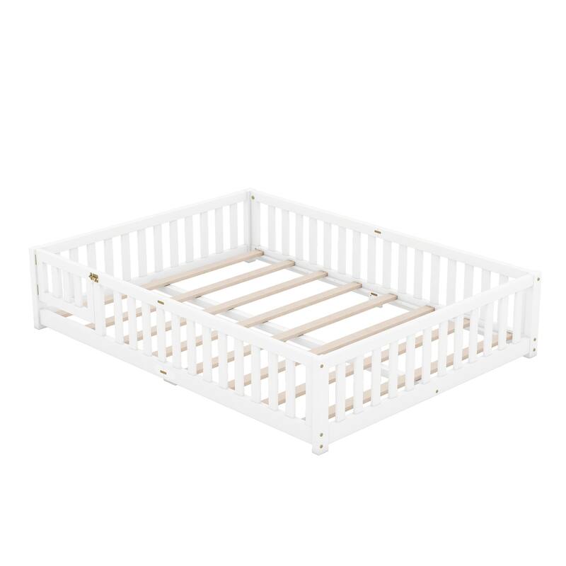 Twin/Full/Queen Size Floor Bed with Safety Guardrails for Kids, Wood Montessori Bedframe w/ Door, Children's Noiseless Beds