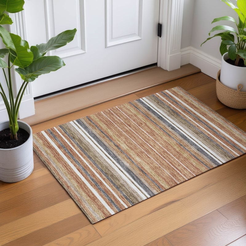 Machine Washable Indoor/ Outdoor Modern Stripes Chantille Rug