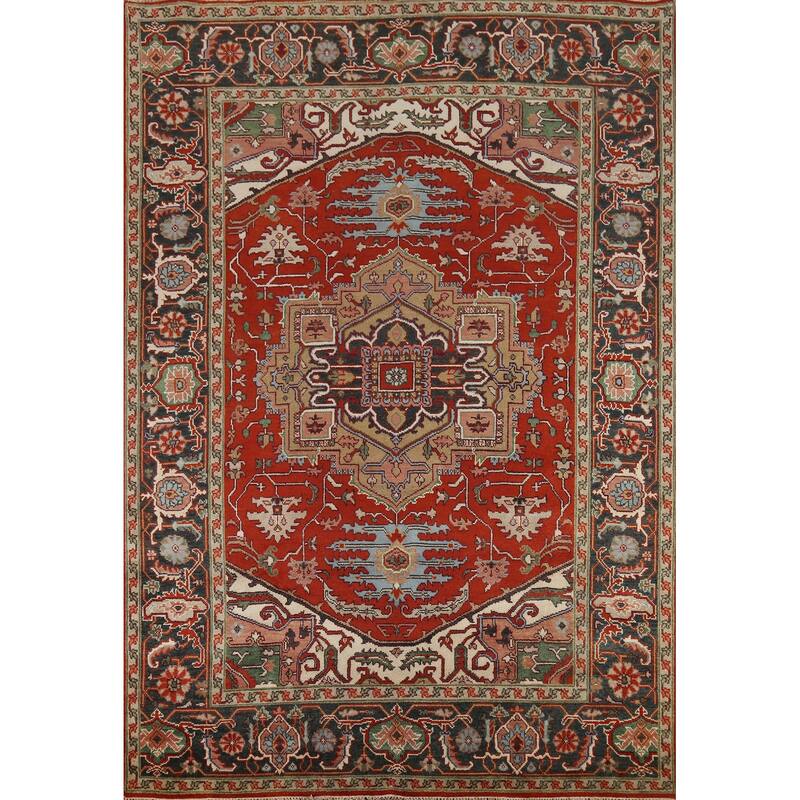 Geometric Heriz Serapi Indian Area Rug Hand-Knotted Wool Carpet - 8'9"x 11'11"
