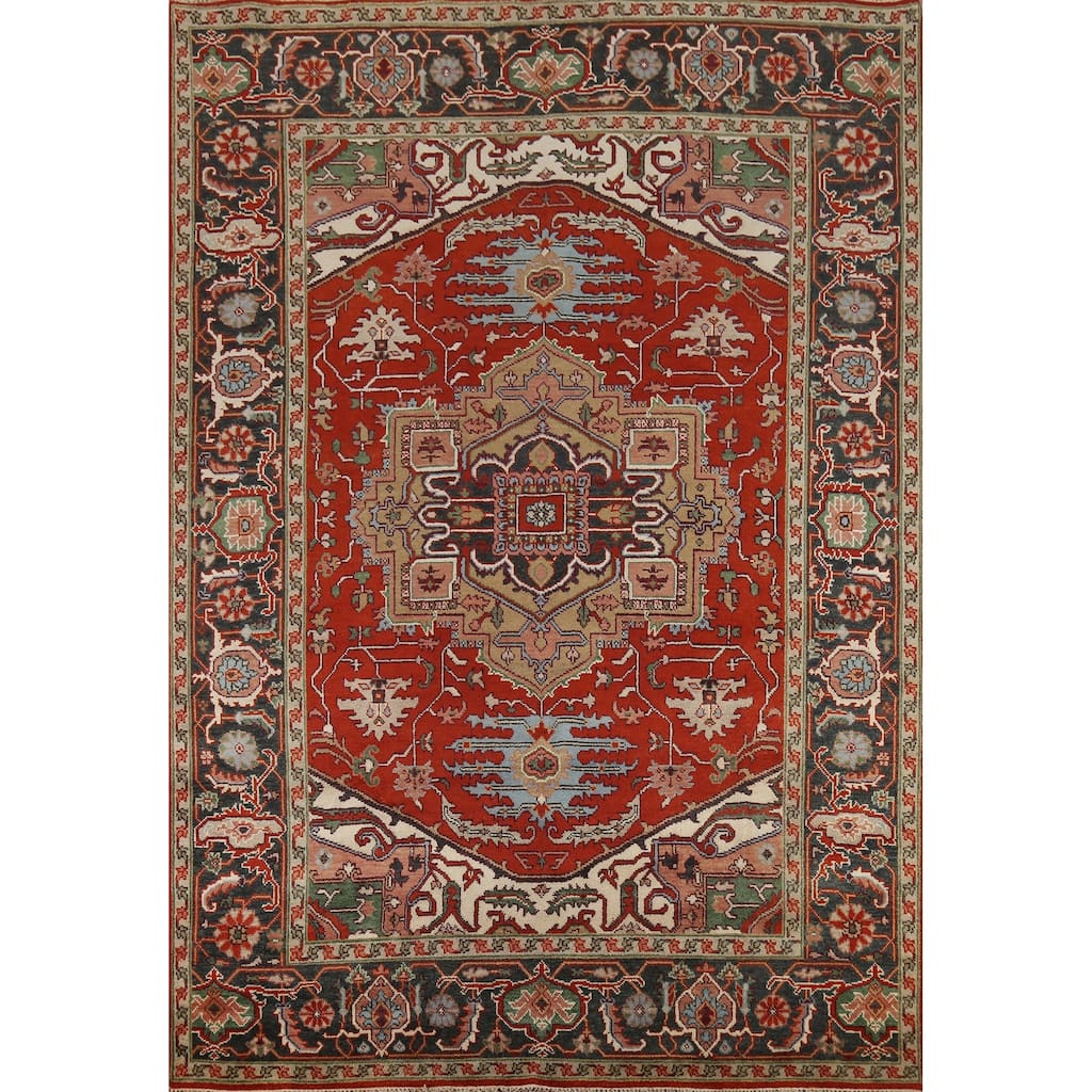 Geometric Heriz Serapi Indian Area Rug Hand-Knotted Wool Carpet - 8'9"x 11'11"