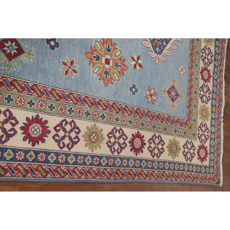 Hand Knotted Oriental 100% Wool Carpet Traditional Geometric Navy Blue & Blues Kazak Area Rug - 9' 8'' X 6' 6''