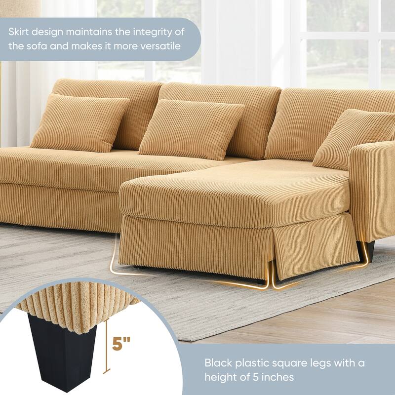 87X61"Modern L-shaped Corduroy Sofa with Reversible Chaise, 4-seat Upholstered Sectional Indoor Furniture for Living Room