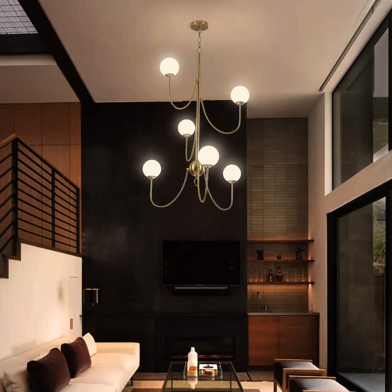 6-light Mid - Century Modern Gold Chandelier, Multi - Arm Globe Glass Pendant Light