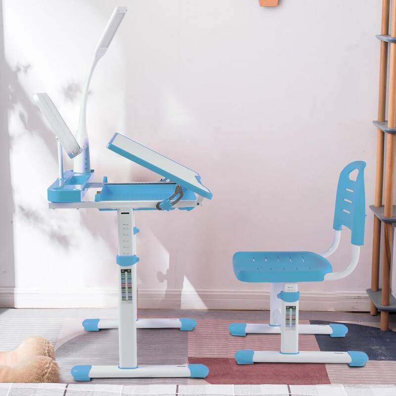 Modern Ergonomic Kids Desk and Chair Set with Tiltable Desktop and LED Light for Study and Reading or Drawing - Blue