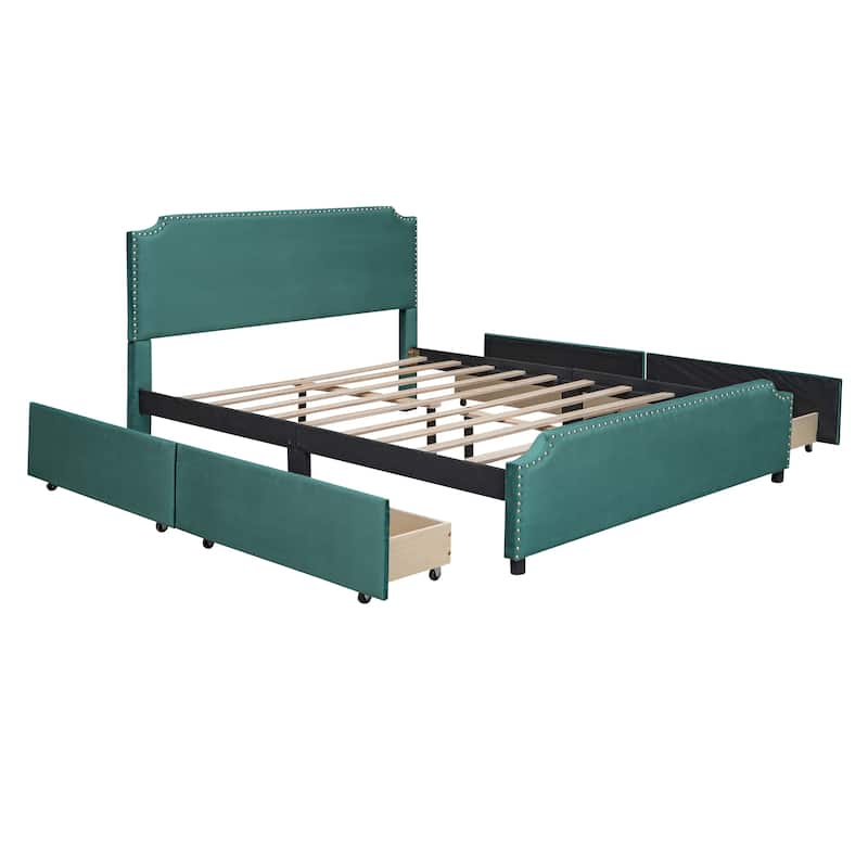 Queen Upholstered Velvet Platform Bed Storage Bedframe with 4 Drawers