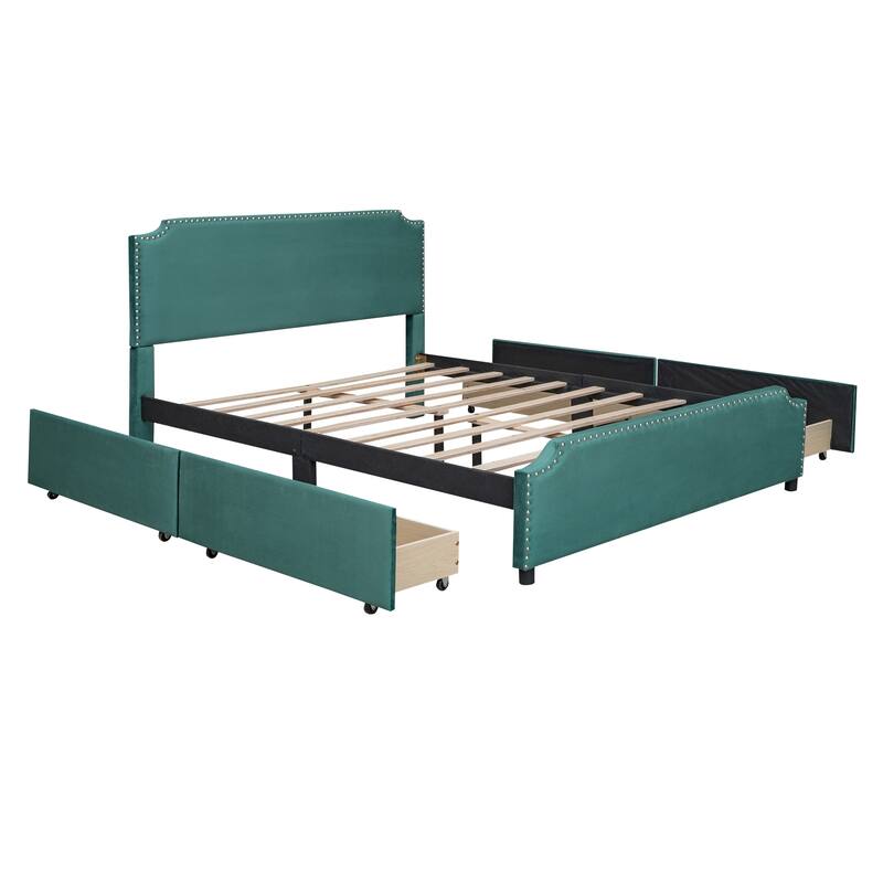 Upholstered Platform Bed Queen Size Velvet Fabric Storage Bedframe with 4 Drawers, Headboard & Footboard, No Box Spring Needed