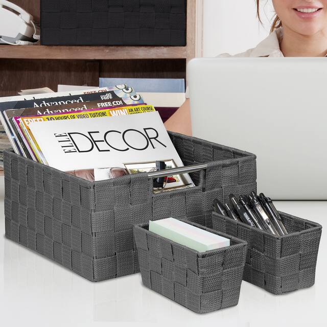 Storage Box Woven Basket Bin Container Tote Cube Organizer Set Stackable Shelf Organizer Built-in Carry Handles (9-Piece)