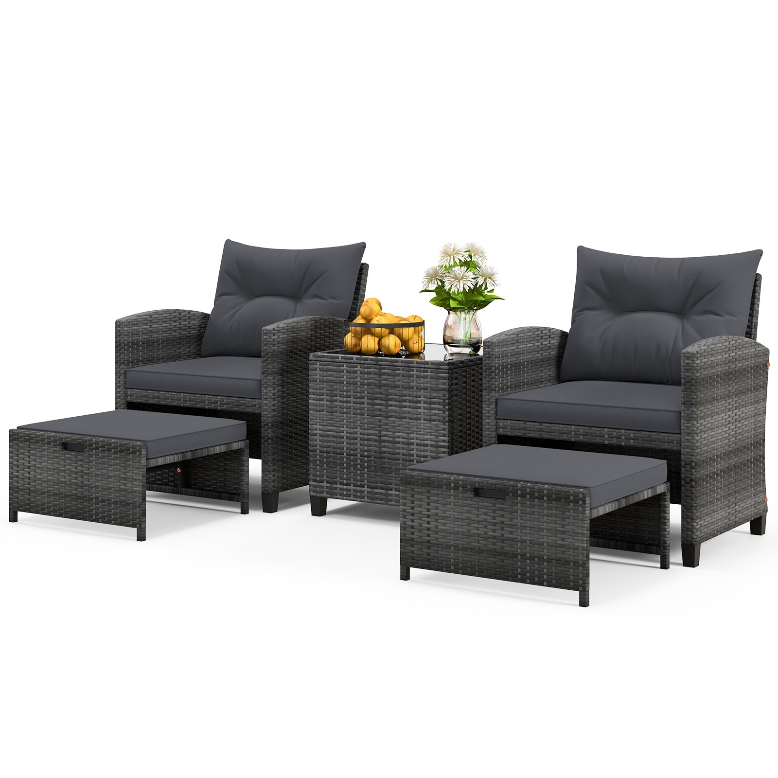 5 PCS Patio Furniture Set Wicker Conversation Set w/Cushions & Ottoman