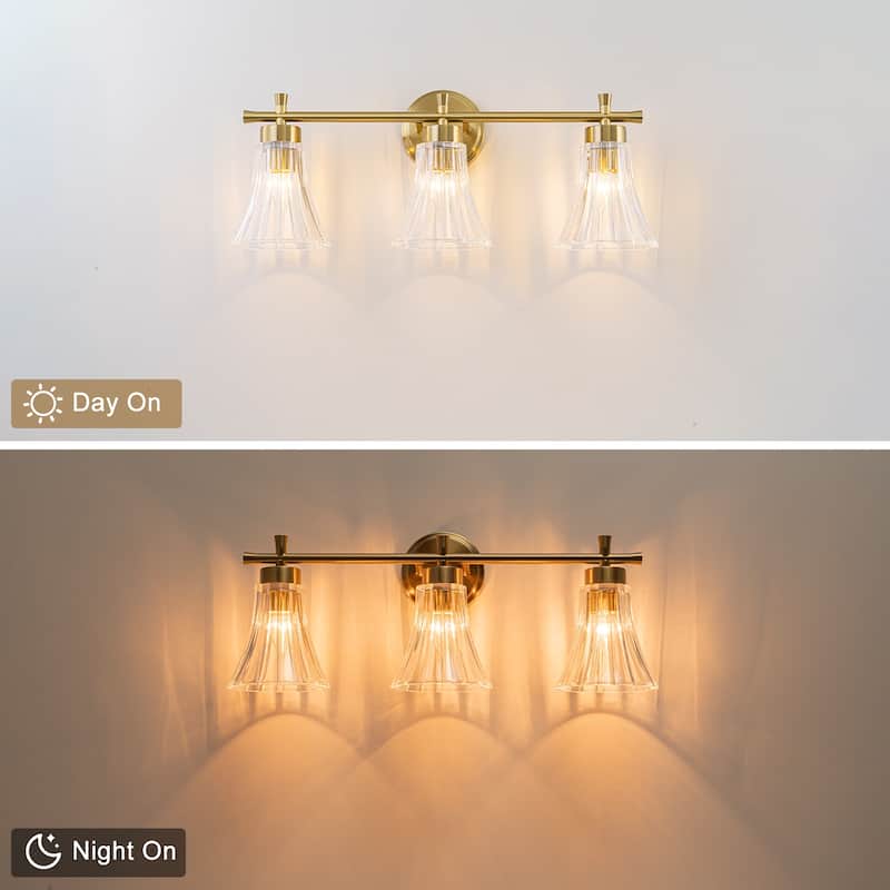 Gold Metal Wall Sconce Ribbed Trumpet Glass Shade for Bathroom Vanity