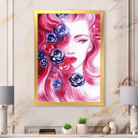 Designart "Pink Floral Glam Woman Portrait" Glam Framed Wall Art