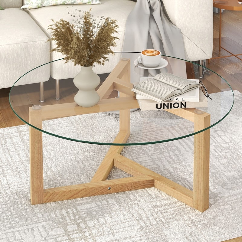 Modern Round Glass Coffee Table with Wood Tripod Base - Easy Assembly