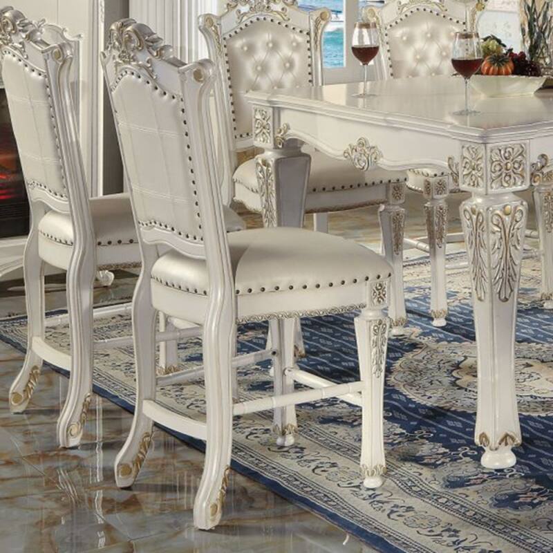 Counter Height Chair (Set-2), Synthetic Leather & Antique Pearl Finish - White