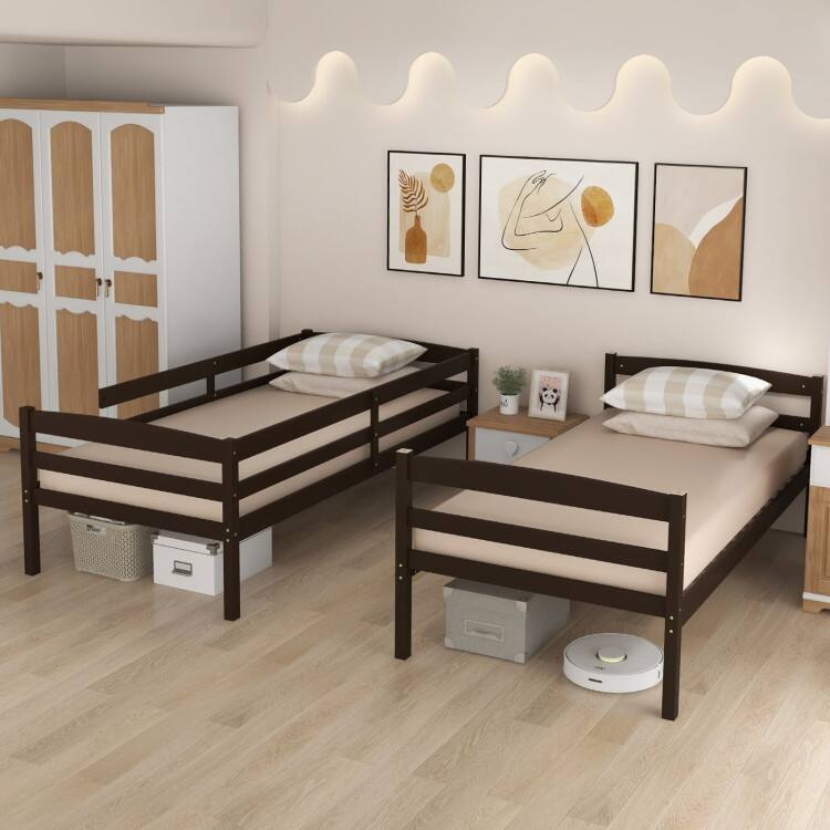 Solid Wood Twin Over Twin Bunk Bed with Guardrails and Ladder