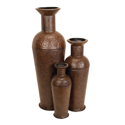 Metal Indoor Outdoor Tall Floor Bottleneck Vase with Bubble Texture and Studs - Set of 3 Dark Brown - Roche River Decor