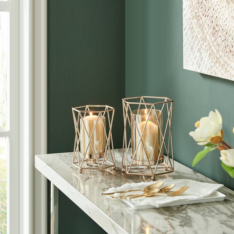 Danya B. Prism Warm Gold Hurricane Candle Holders - Set of 2