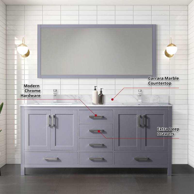 Jacques 72 in. W x 22 in. D Distressed Grey Double Bath Vanity, Carrara Marble Top, Faucet Set, and 70 in. Mirror