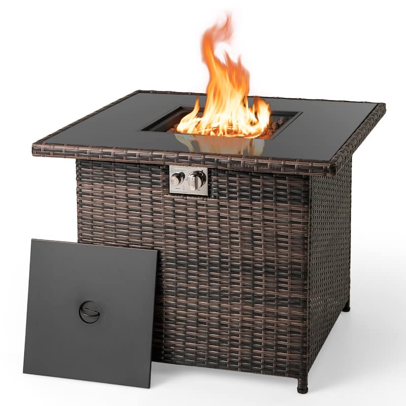 Propane Fire Pit Table 50000 BTU with Tempered Glass Top PE Rattan Patio Heater and Side Table - 32.5" x 32.5" x 26" (L x W x H) - Brown