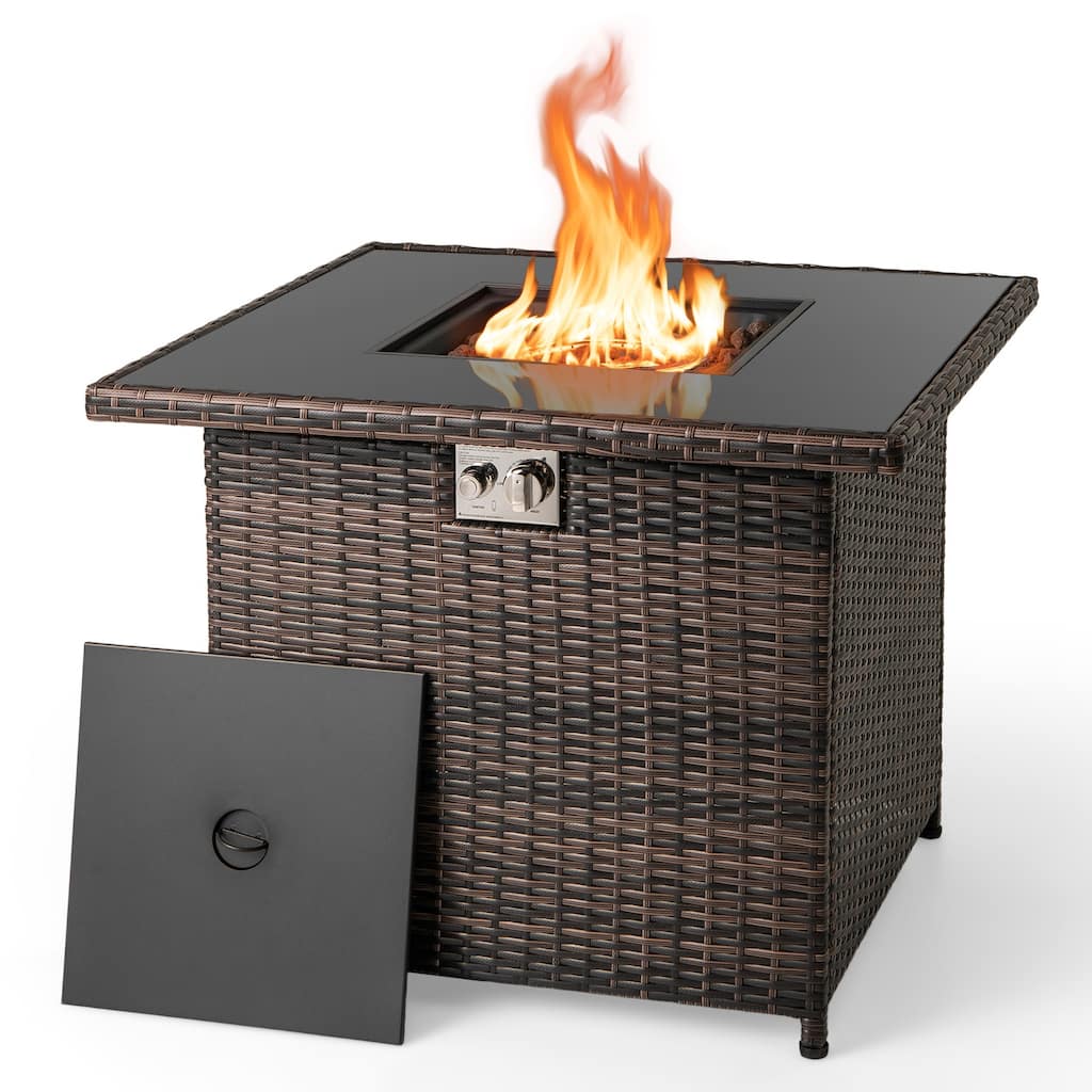 Propane Fire Pit Table 50000 BTU with Tempered Glass Top PE Rattan Patio Heater and Side Table - 32.5" x 32.5" x 26" (L x W x H)