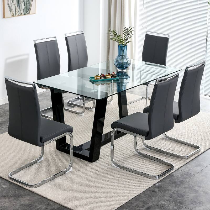 Glass Dining Table Large Modern Minimalist Rectangular for 6-8 with 0.4" Tempered Glass Tabletop