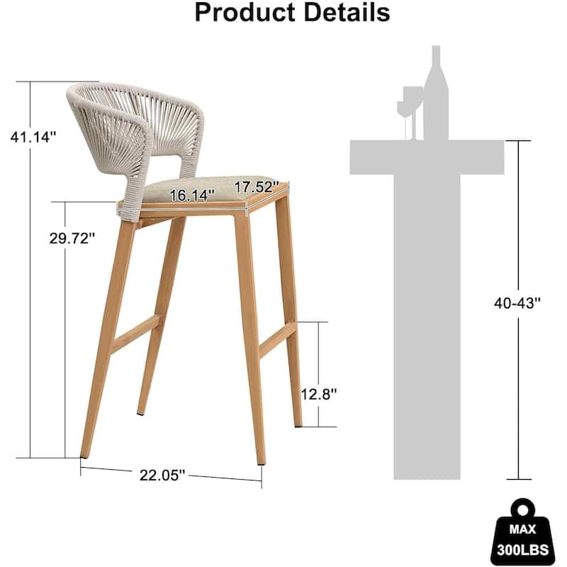 PURPLE LEAF Bar Stool Set of 2 Outdoor Rattan Bar Chair with Back Metal Bar Height Stool Wicker Barstool Dark Grey - N/A