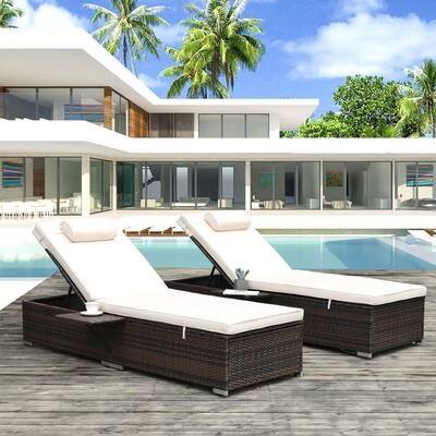Outdoor PE Wicker Chaise Lounge 2 Piece Patio Brown Rattan Reclining Chair Furniture Set