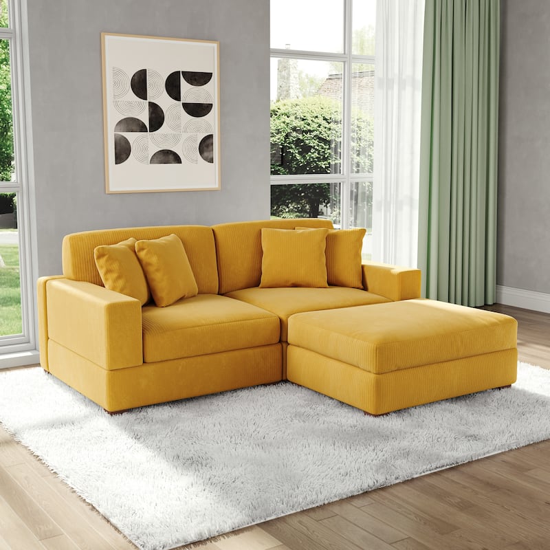 Modular Corduroy Sectional Sofa Set Chaise Couch with Ottoman