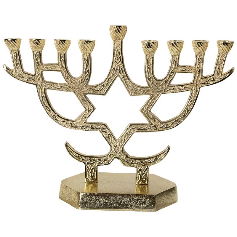 Embossed Metal Hanukkah Menorah with Star of David - 10" - Gold